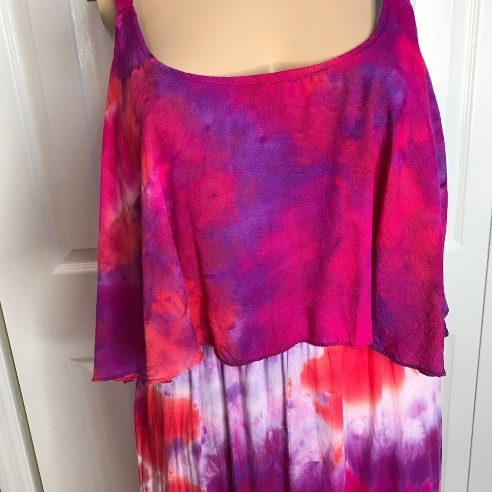 Tie dye maxi dress galaxy tank tiered flounce L spaghetti straps sundress - Picture 2 of 10